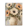 Sunlit Anemones canvas print, 12 × 16 inches, depicting ivory and apricot anemones in a rustic cream vessel.