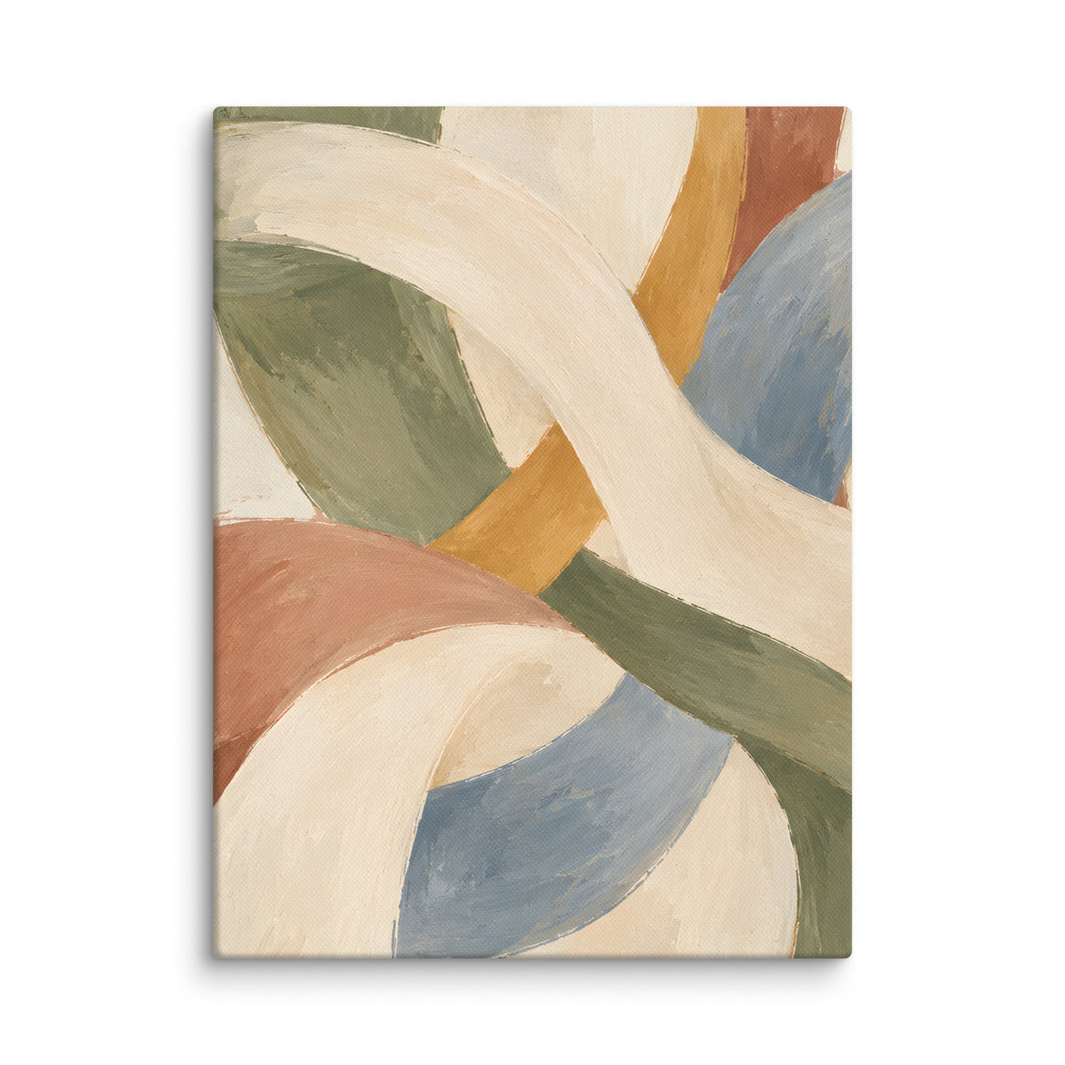 Woven Stillness canvas print, 12 × 16 inches, depicting interwoven curves in olive, clay, dusty blue and ivory.