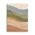 Soft Tides canvas print, 12 × 16 inches, depicting layered abstract waves in dusty blue, olive and warm clay.
