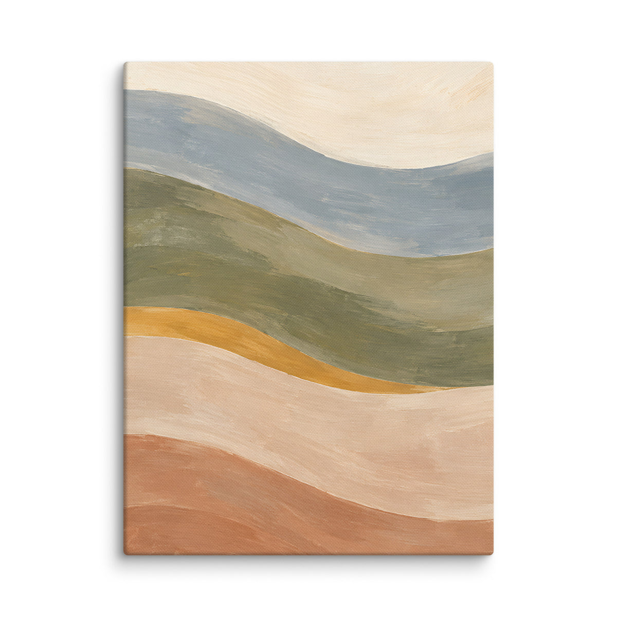 Soft Tides canvas print, 12 × 16 inches, depicting layered abstract waves in dusty blue, olive and warm clay.