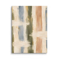 Quiet Intervals canvas print, 12 × 16 inches, depicting textured vertical strokes in olive, dusty blue, clay and ivory.