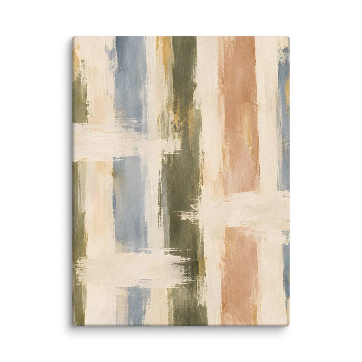 Quiet Intervals canvas print, 12 × 16 inches, depicting textured vertical strokes in olive, dusty blue, clay and ivory.