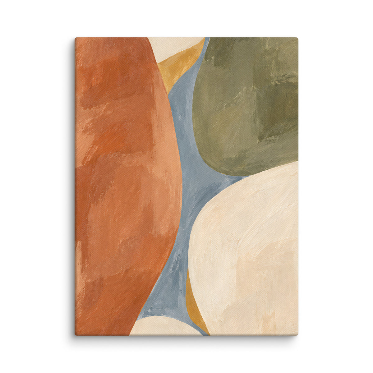 Clay Sonata canvas print, 12 × 16 inches, depicting sculptural organic forms in warm clay, olive and dusty blue.