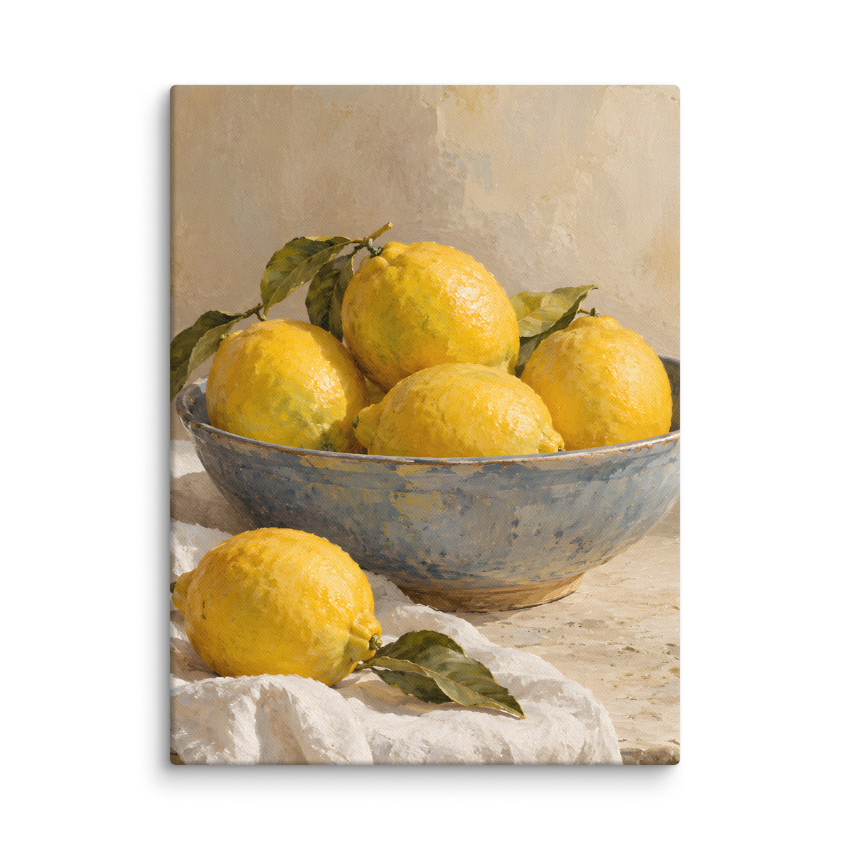 Mediterranean Lemons canvas print, 12 × 16 inches, showing yellow lemons in a blue ceramic bowl on ivory linen