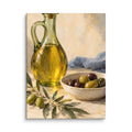 Olive Table canvas print, 12 × 16 inches, showing olive oil, green and dark olives and an olive branch