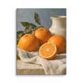 Citrus Table canvas print, 12 × 16 inches, showing ripe oranges, leafy branches and a cream ceramic pitcher