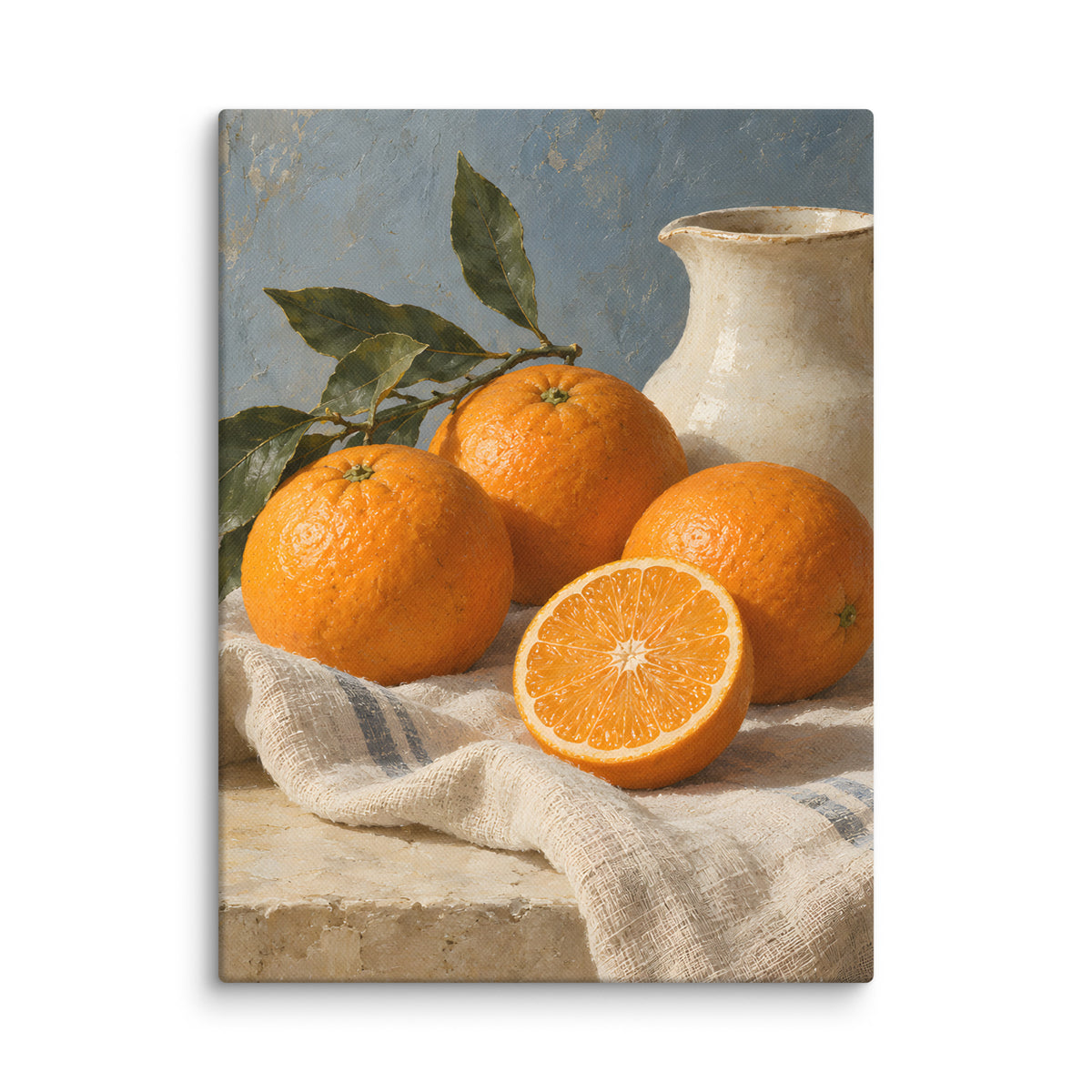 Citrus Table canvas print, 12 × 16 inches, showing ripe oranges, leafy branches and a cream ceramic pitcher
