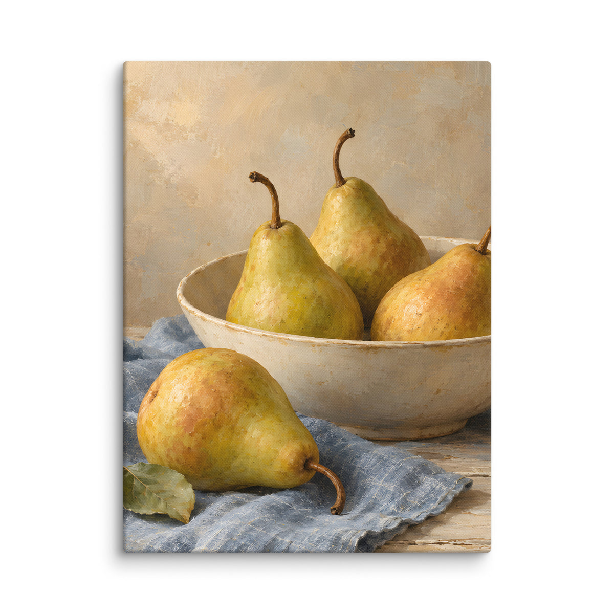 Golden Pears on Blue Linen canvas print, 12 × 16 inches, showing golden pears in a cream bowl on blue linen
