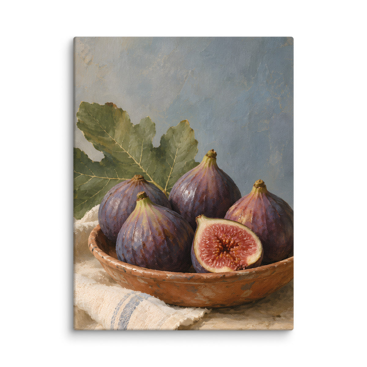 Terracotta Figs on Linen canvas print, 12 × 16 inches, showing purple figs in a terracotta bowl on ivory linen