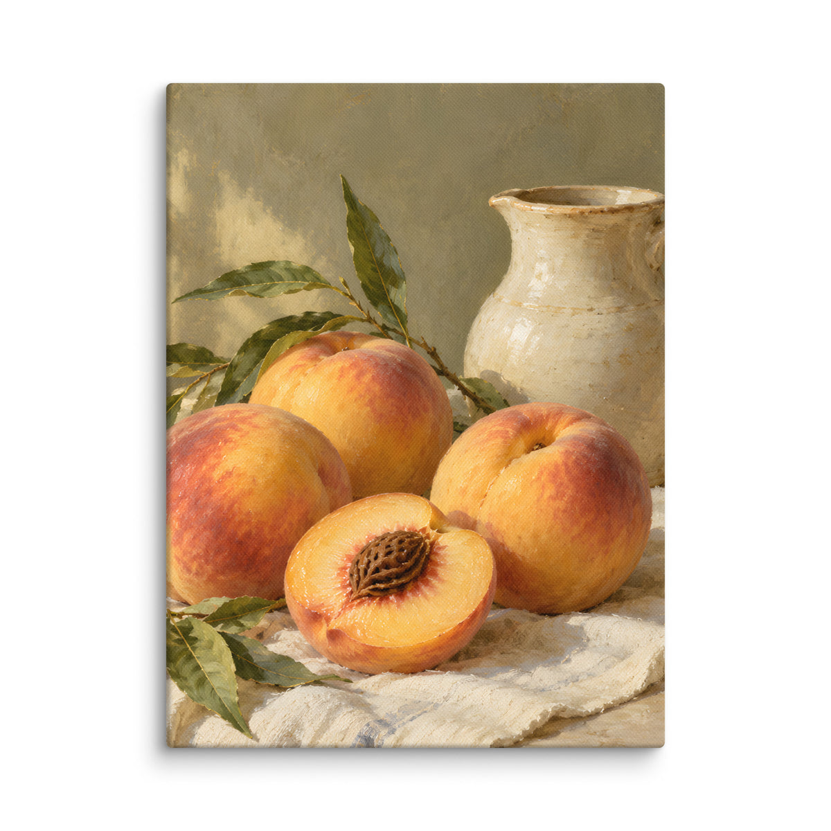 Golden Peaches & Cream canvas print, 12 × 16 inches, showing golden peaches and a cream ceramic pitcher