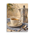Slow Espresso Morning canvas print, 12 × 16 inches, showing a moka pot, espresso cup and coffee beans on blue linen