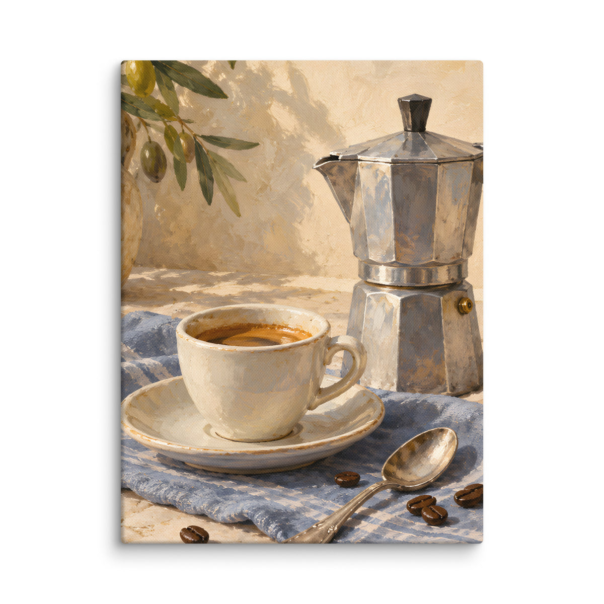 Slow Espresso Morning canvas print, 12 × 16 inches, showing a moka pot, espresso cup and coffee beans on blue linen