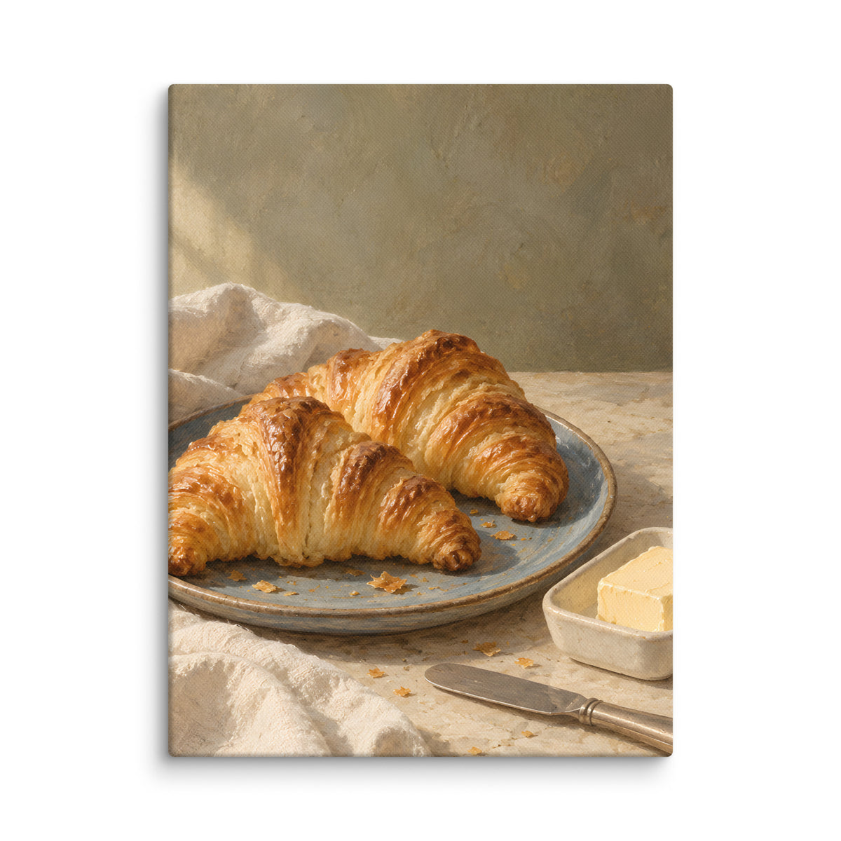 Golden Morning Croissants canvas print, 12 × 16 inches, showing golden croissants, butter and a blue ceramic plate
