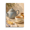 Honeyed Morning Tea canvas print, 12 × 16 inches, showing a blue teapot, cream teacup, honey and lemon