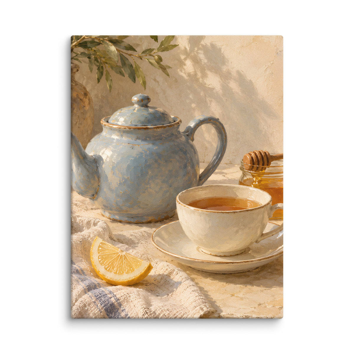 Honeyed Morning Tea canvas print, 12 × 16 inches, showing a blue teapot, cream teacup, honey and lemon