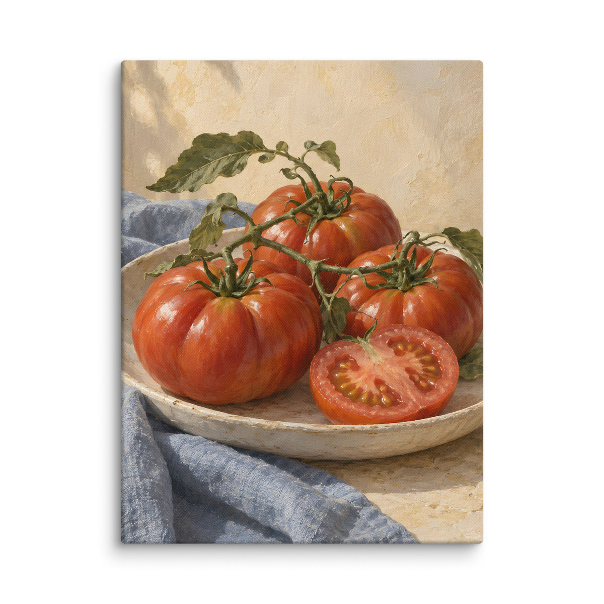 Heirloom Tomatoes on Blue Linen canvas print, 12 × 16 inches, showing red heirloom tomatoes and leafy vines on blue linen