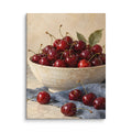 Cherries on Blue Linen canvas print, 12 × 16 inches, showing red cherries in a cream ceramic bowl on blue linen