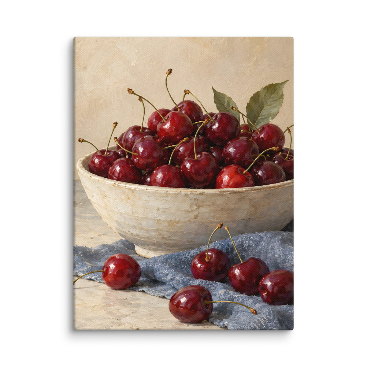 Cherries on Blue Linen canvas print, 12 × 16 inches, showing red cherries in a cream ceramic bowl on blue linen