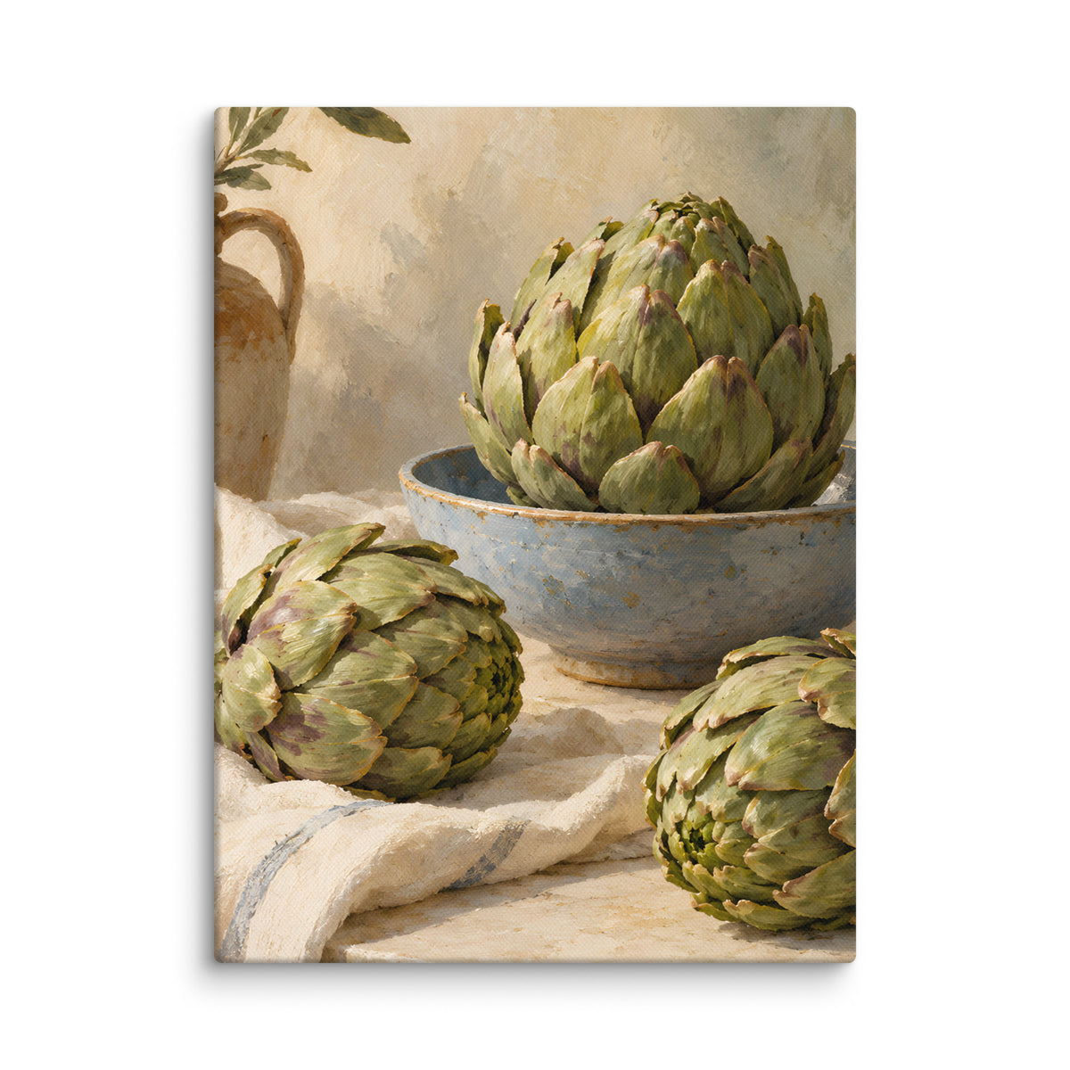 Artichokes on Linen canvas print, 12 × 16 inches, showing green artichokes with a blue ceramic bowl and ivory linen