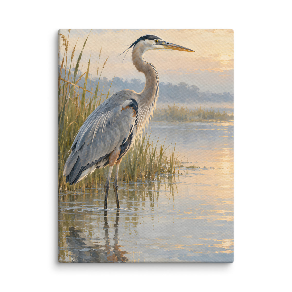 Heron in Morning Mist canvas print, 12 × 16 inches, showing a heron standing in a misty marsh