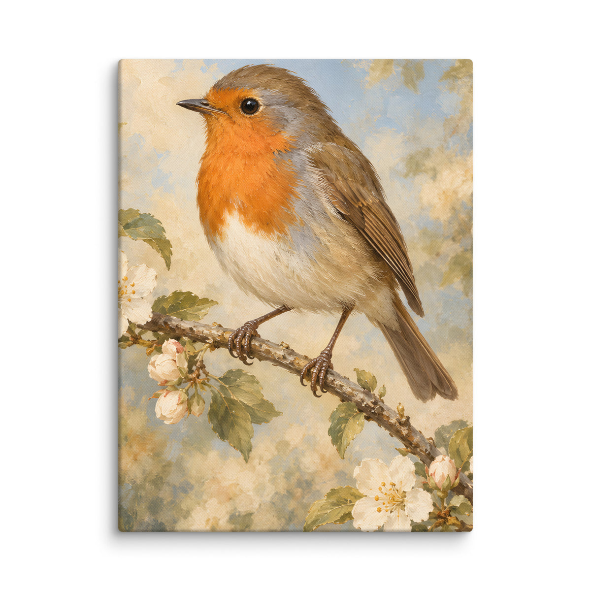 Robin Among Blossoms canvas print, 12 × 16 inches, showing a robin among spring blossoms
