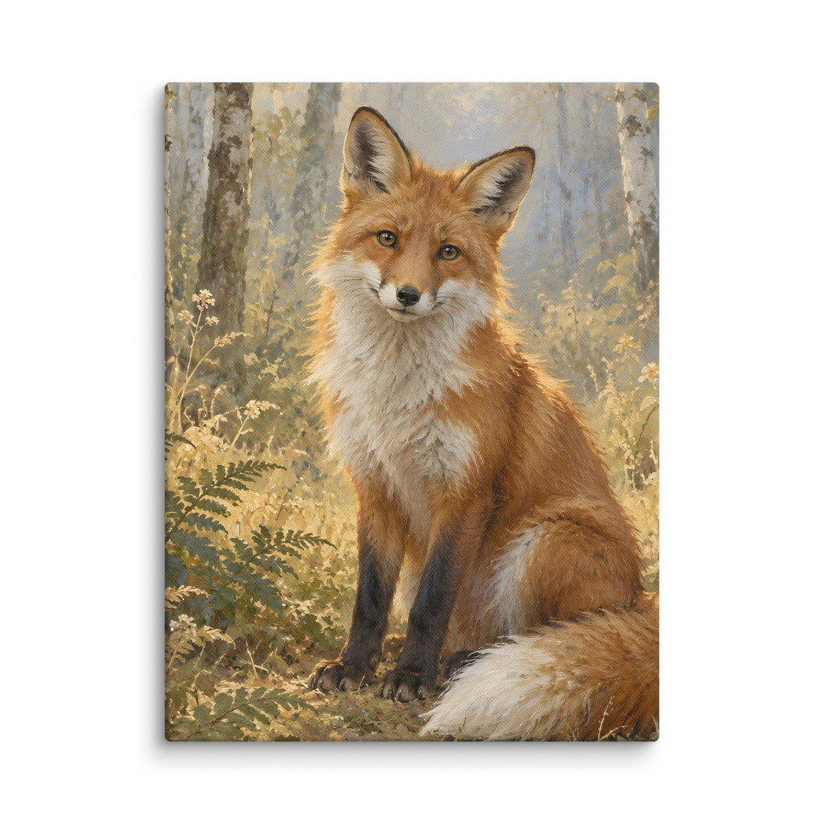 Fox in the Quiet Glade canvas print, 12 × 16 inches, showing a fox resting in a fern-filled glade