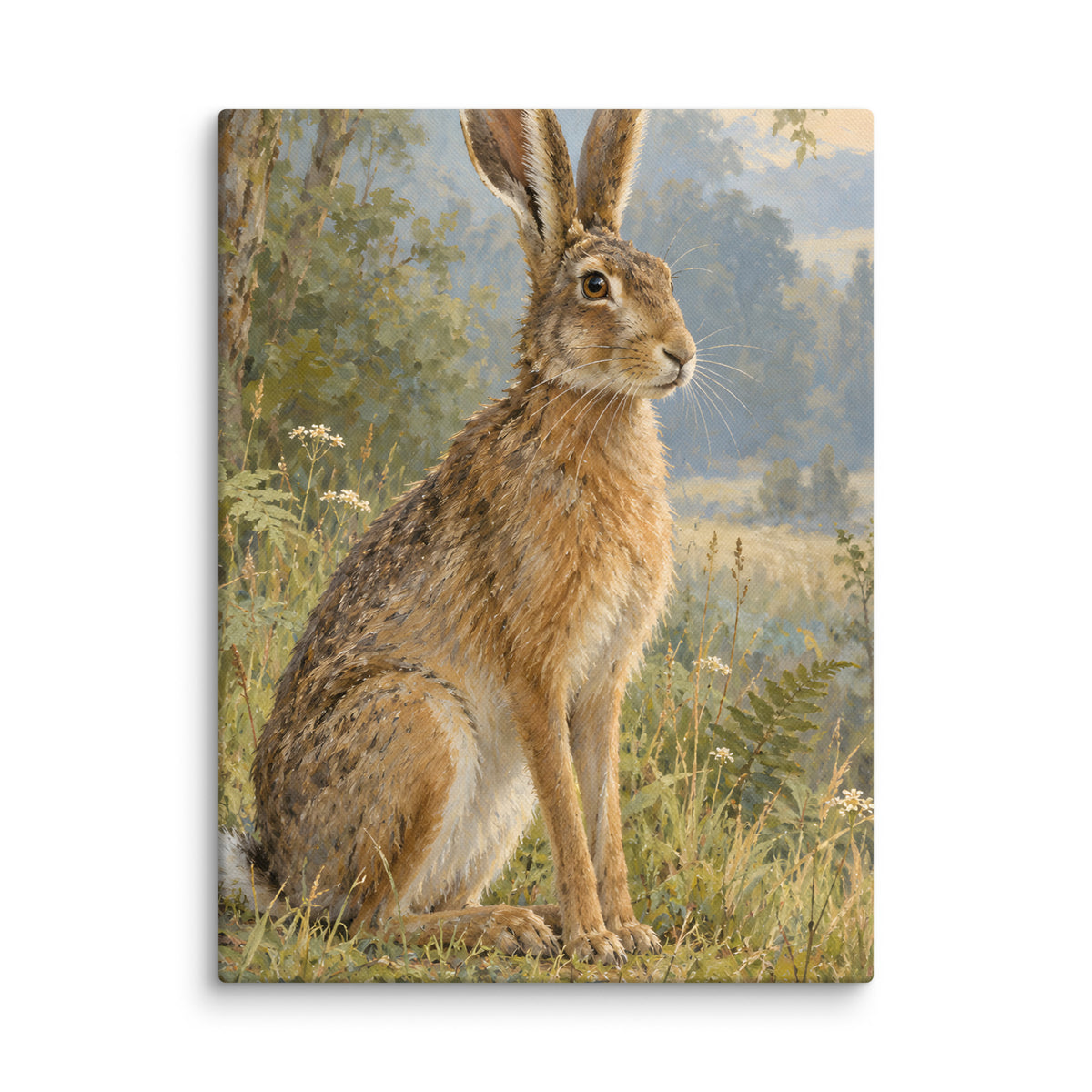 Hare at the Woodland Edge canvas print, 12 × 16 inches, showing a woodland hare among soft grasses