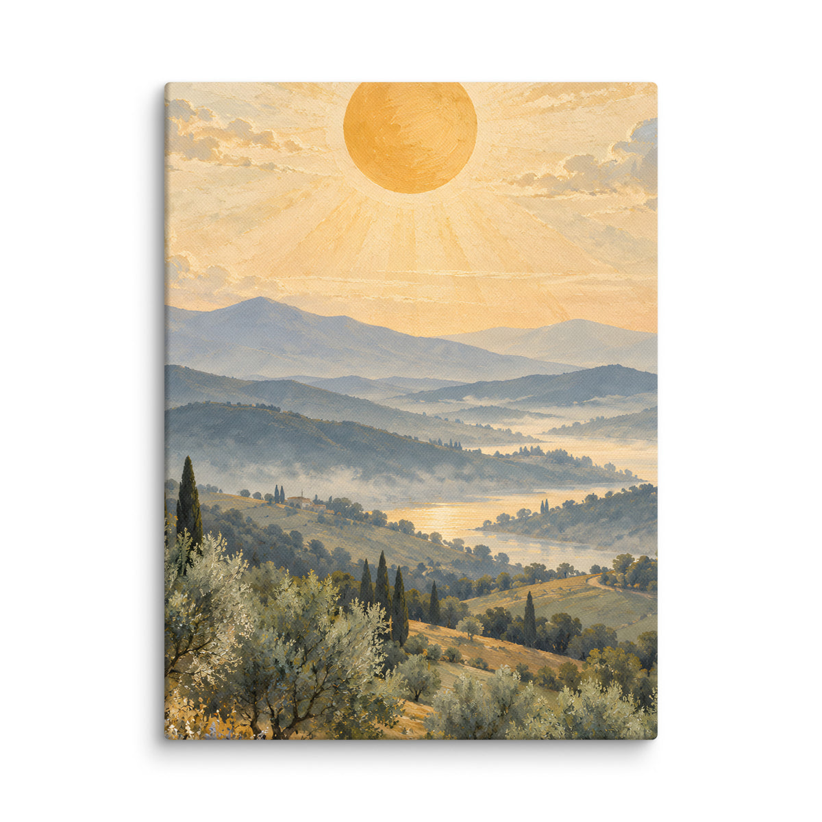 Ochre Sun Over Quiet Hills canvas print, 12 × 16 inches, featuring an ochre sun above rolling hills