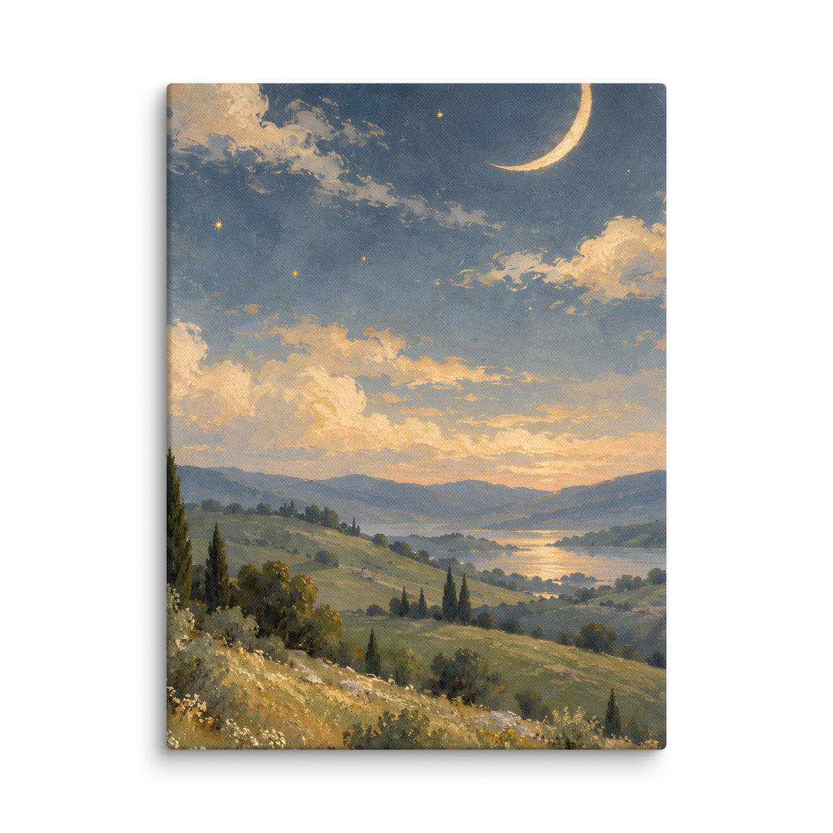 Ivory Crescent Over Sage Hills canvas print, 12 × 16 inches, featuring an ivory crescent above sage hills