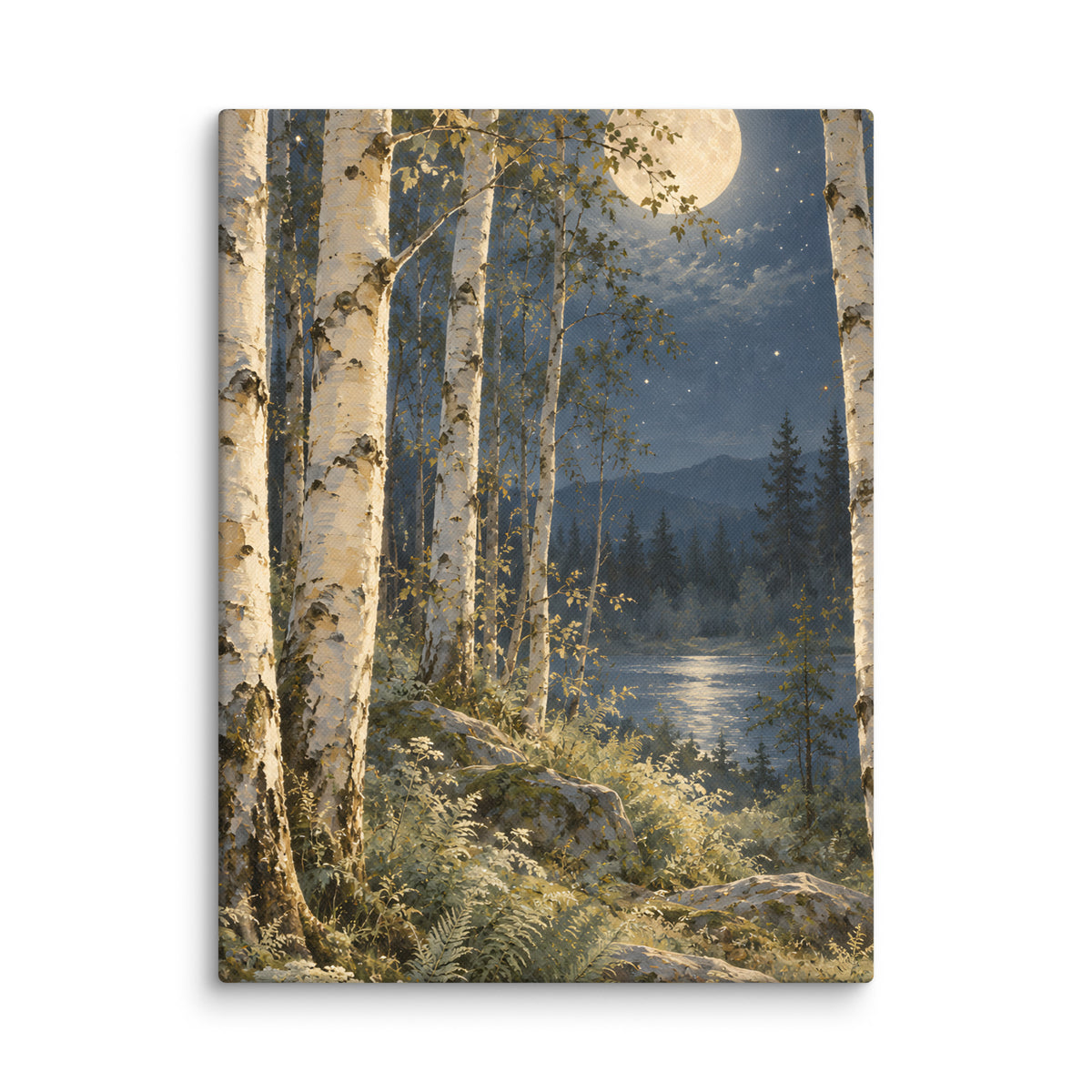 Ivory Moon Among the Birches canvas print, 12 × 16 inches, featuring an ivory moon among pale birches