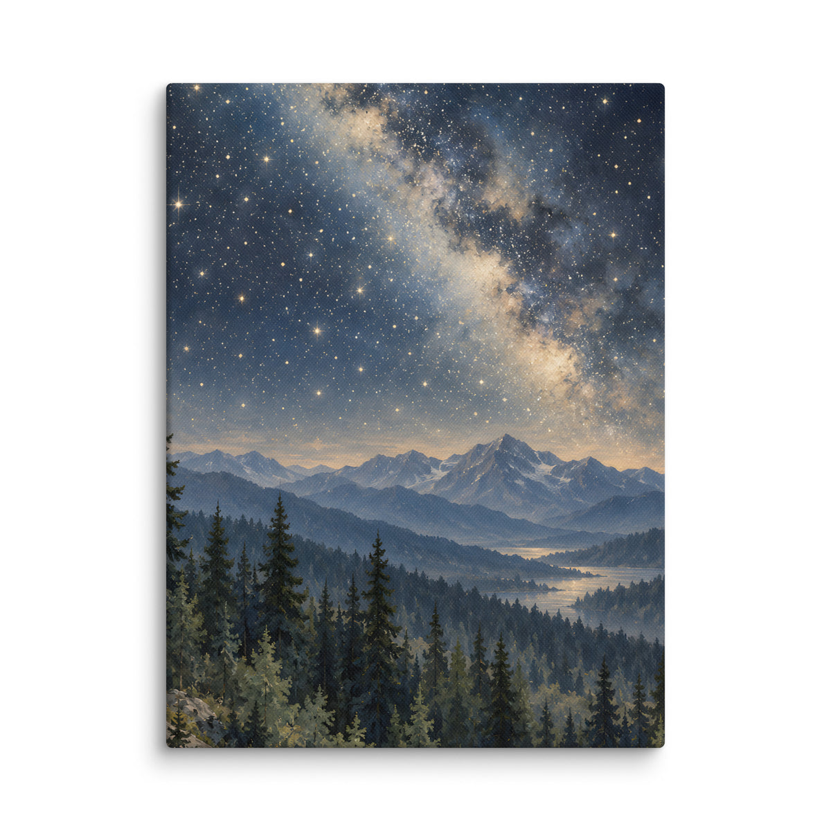 Starlight Over the Pine Valley canvas print, 12 × 16 inches, featuring a star-filled sky over pine forests