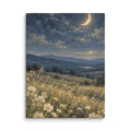 Starry Meadow Beneath a Golden Crescent canvas print, 12 × 16 inches, featuring a crescent above a wildflower meadow