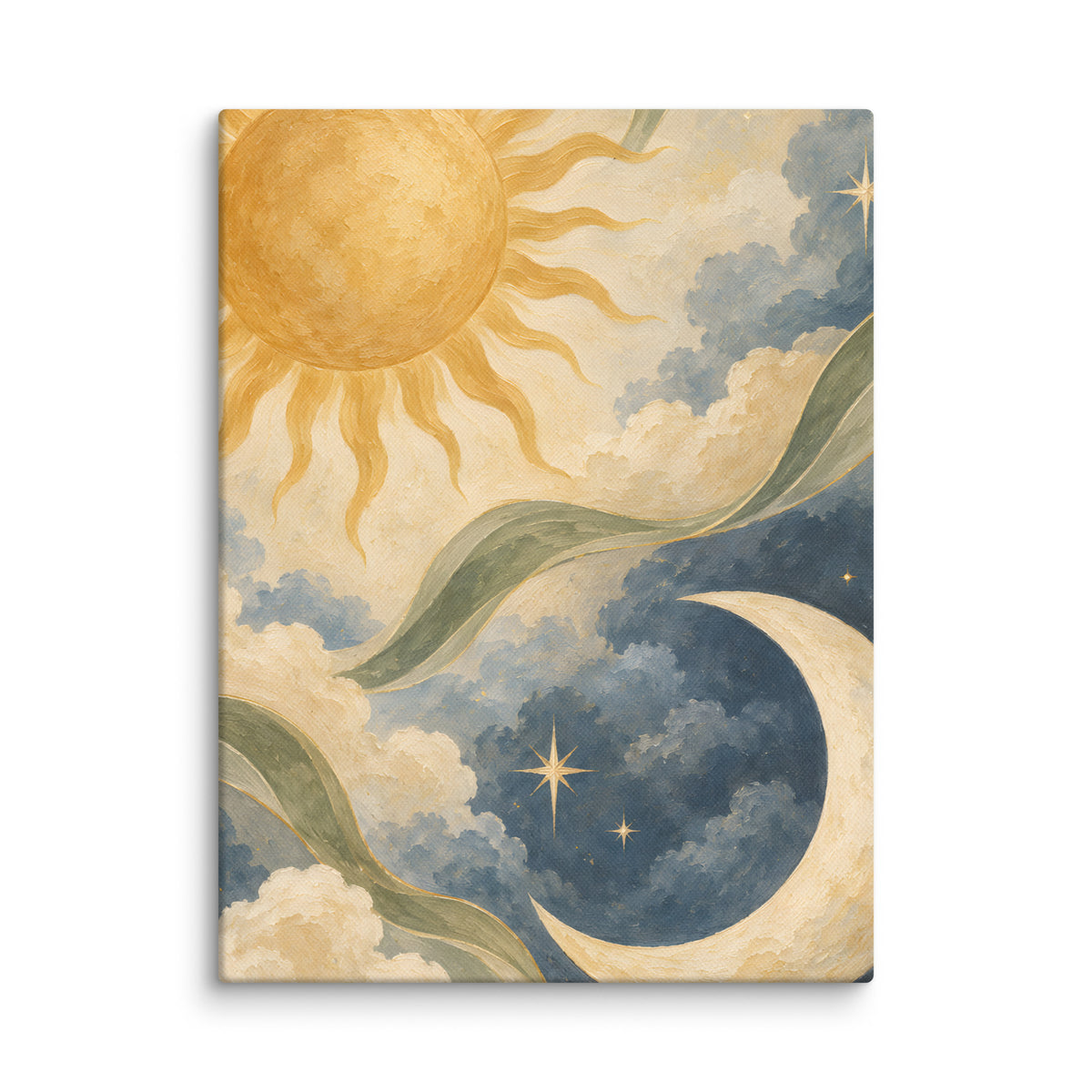 Sun and Crescent in Soft Tones canvas print, 12 × 16 inches, featuring a golden sun and ivory crescent