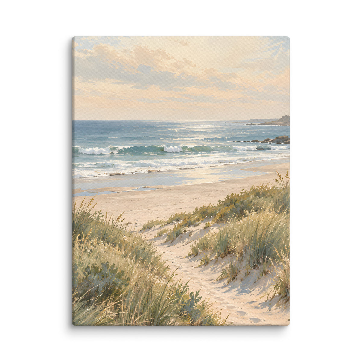 Quiet Tide canvas print, 18 × 24 inches, showing sandy dunes and muted blue sea