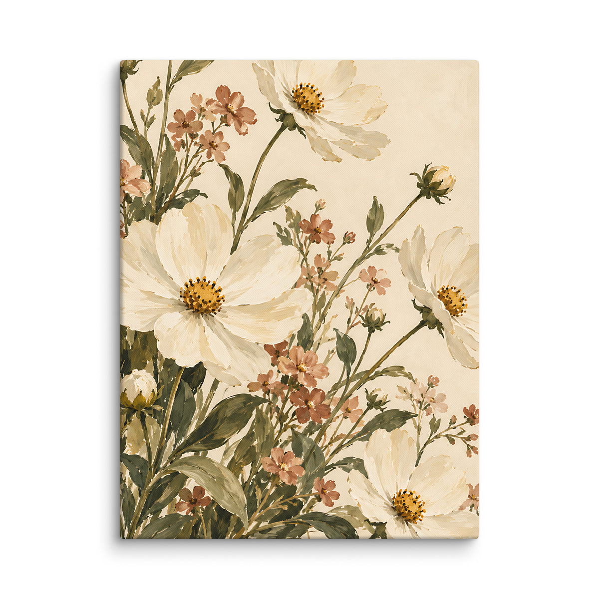 Meadow Reverie canvas print, 18 × 24 inches, showing ivory flowers, clay accents and olive foliage