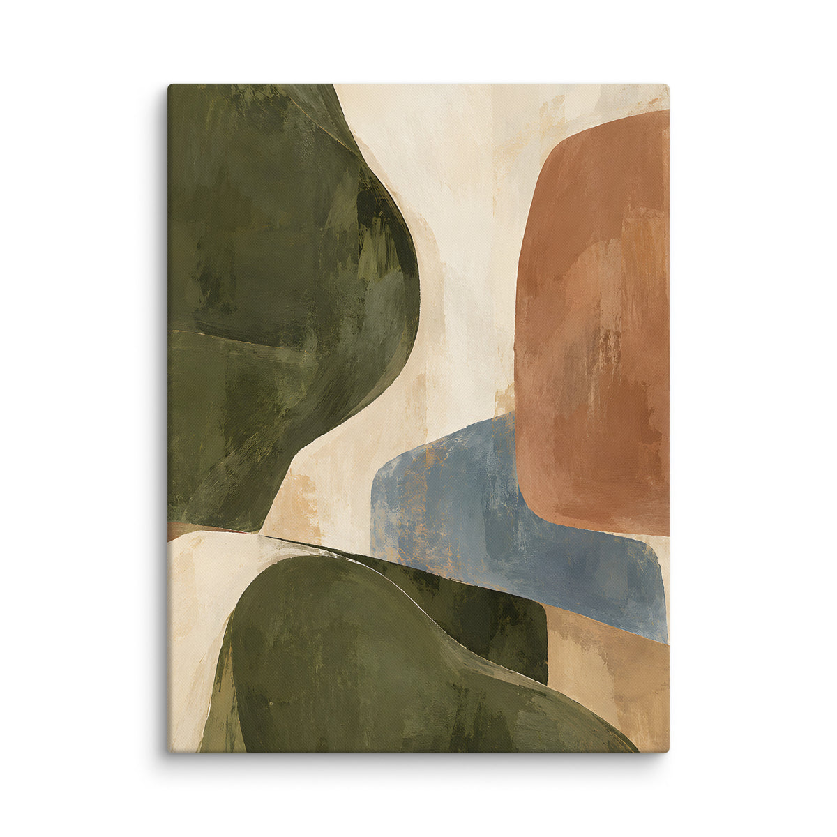 Olive & Earth canvas print, 18 × 24 inches, showing organic shapes in olive, ivory, clay and dusty blue