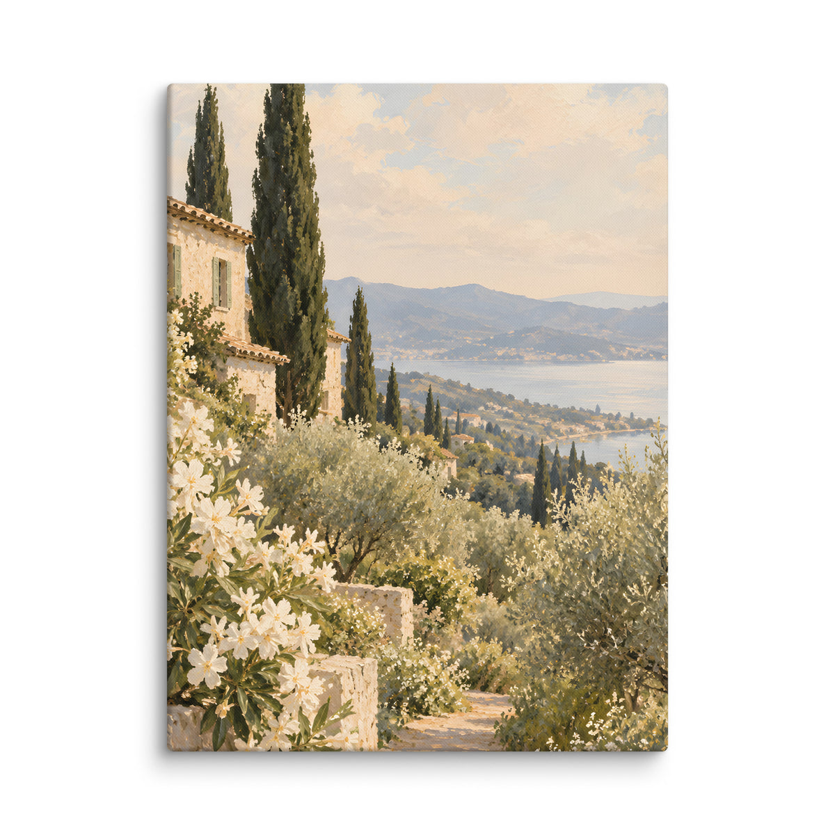 Golden Stillness canvas print, 18 × 24 inches, showing a Mediterranean villa, cypress trees and blue water