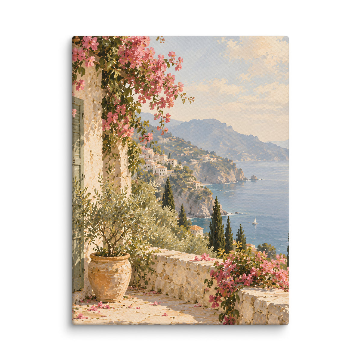 Amalfi Bloom canvas print, 18 × 24 inches, showing a sunny terrace, bougainvillea and blue sea