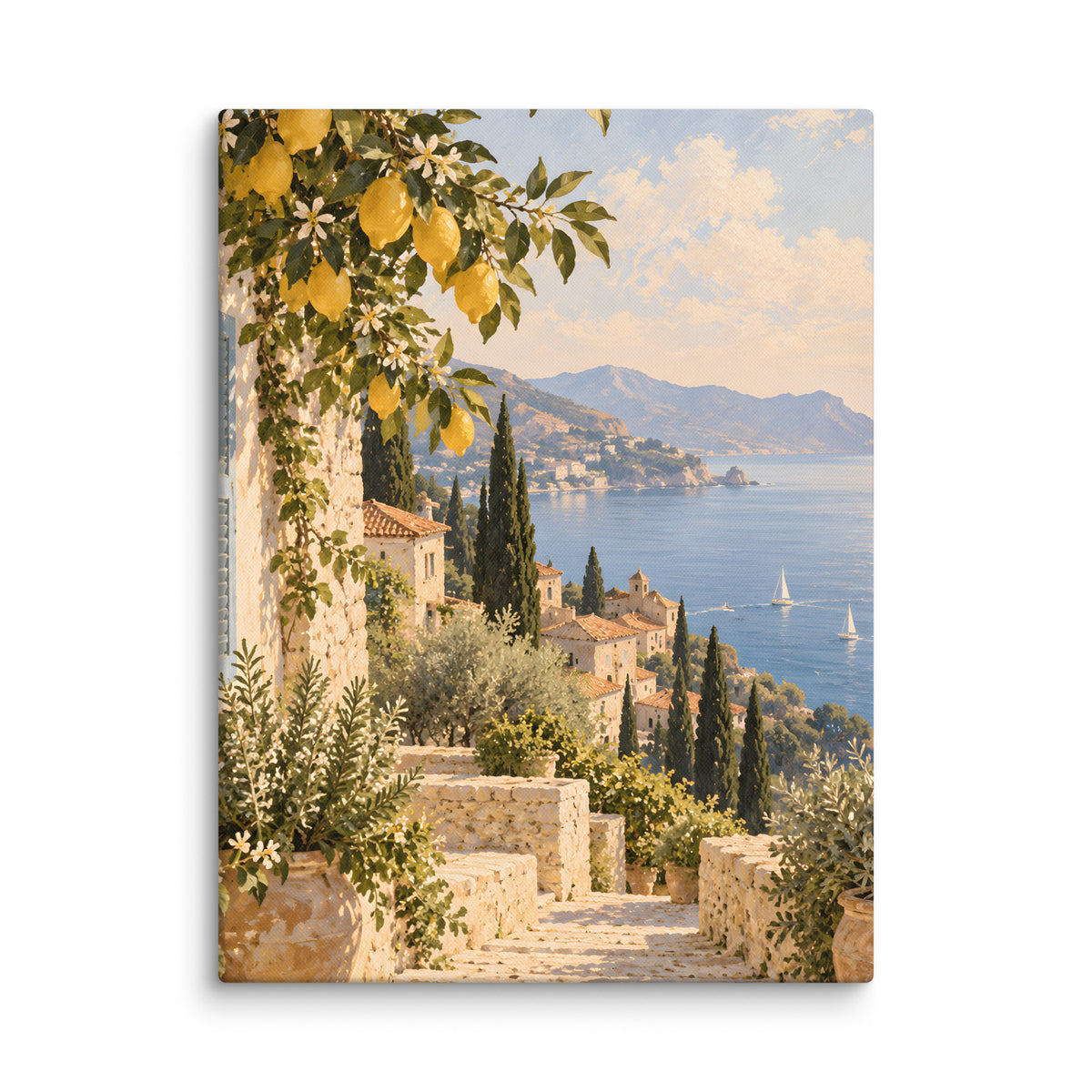 Lemon Coast canvas print, 18 × 24 inches, showing lemon branches, white walls and a calm blue sea