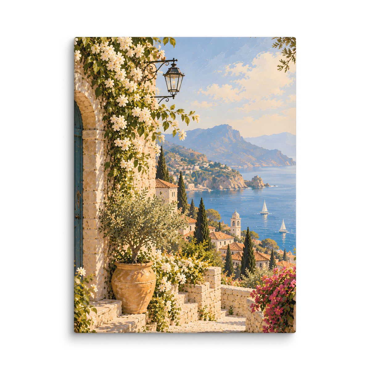 Azure Passage canvas print, 18 × 24 inches, showing a stone walkway, flowering vines and a blue-green door