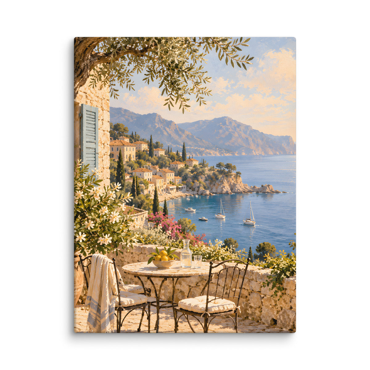 Olive Bay canvas print, 18 × 24 inches, showing an olive tree and stone terrace overlooking a blue bay