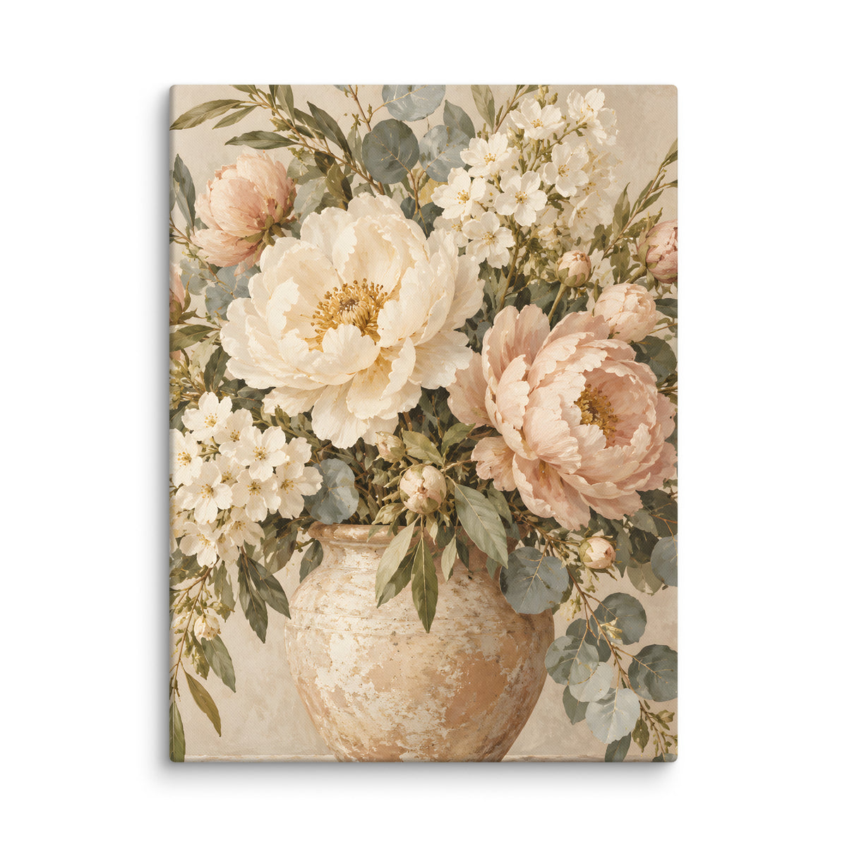 Ivory Garden canvas print, 18 × 24 inches, showing ivory and blush flowers in a ceramic vase