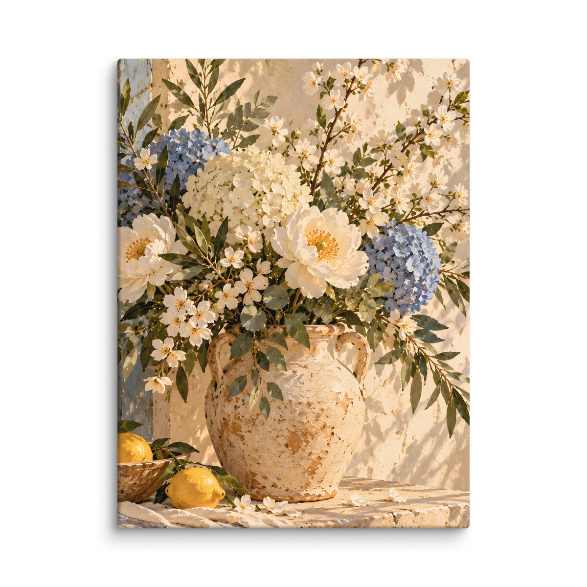 Blue Blossom canvas print, 18 × 24 inches, showing ivory blooms and muted blue hydrangeas