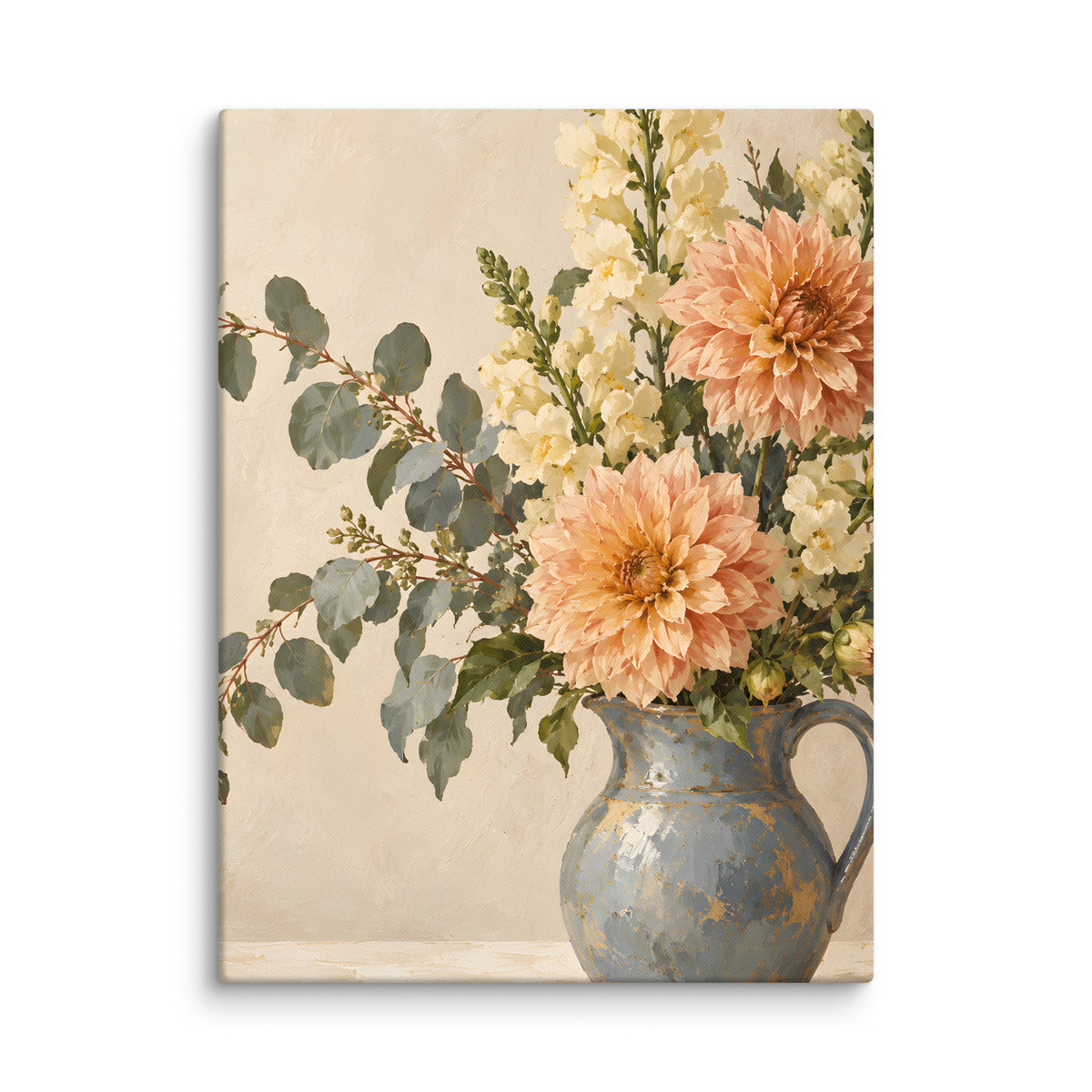 Apricot Reverie canvas print, 18 × 24 inches, showing apricot dahlias and ivory flowers in a blue pitcher