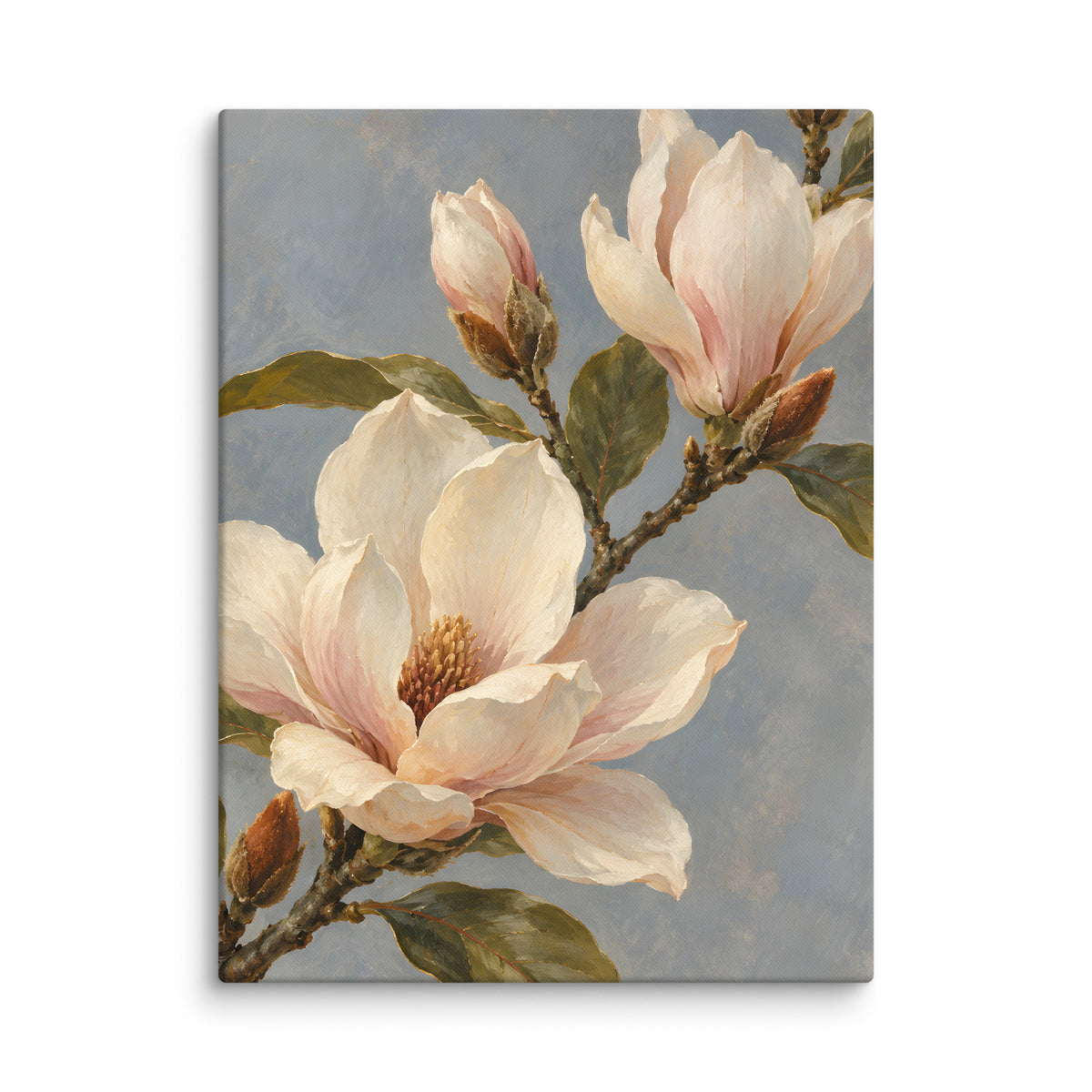 Magnolia Drift canvas print, 18 × 24 inches, showing ivory magnolia blossoms against dusty blue