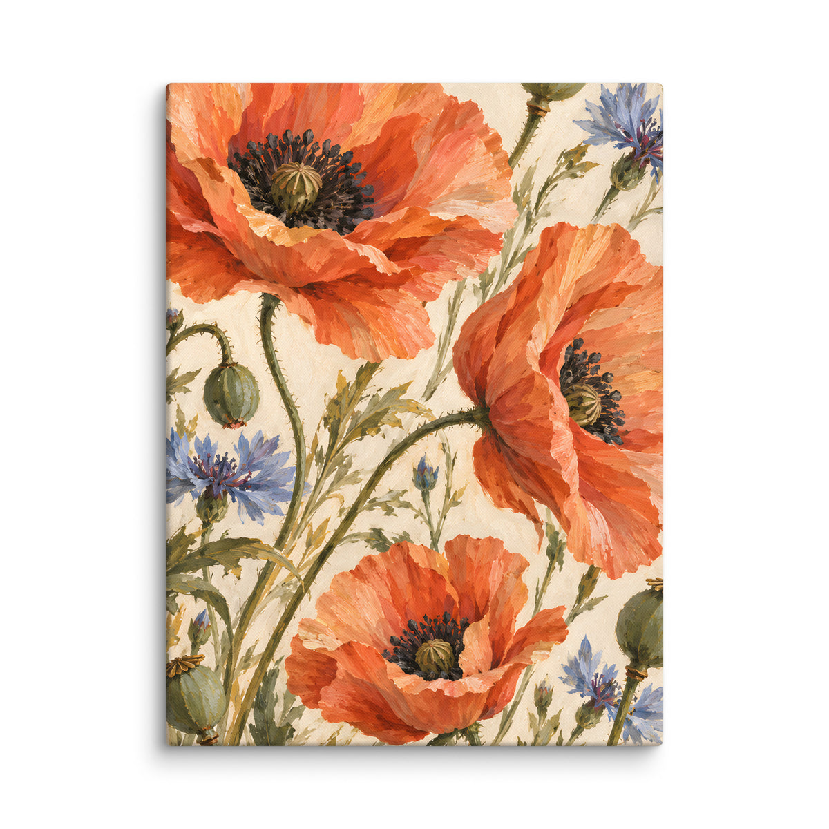 Terracotta Meadow canvas print, 18 × 24 inches, showing terracotta poppies and delicate blue cornflowers