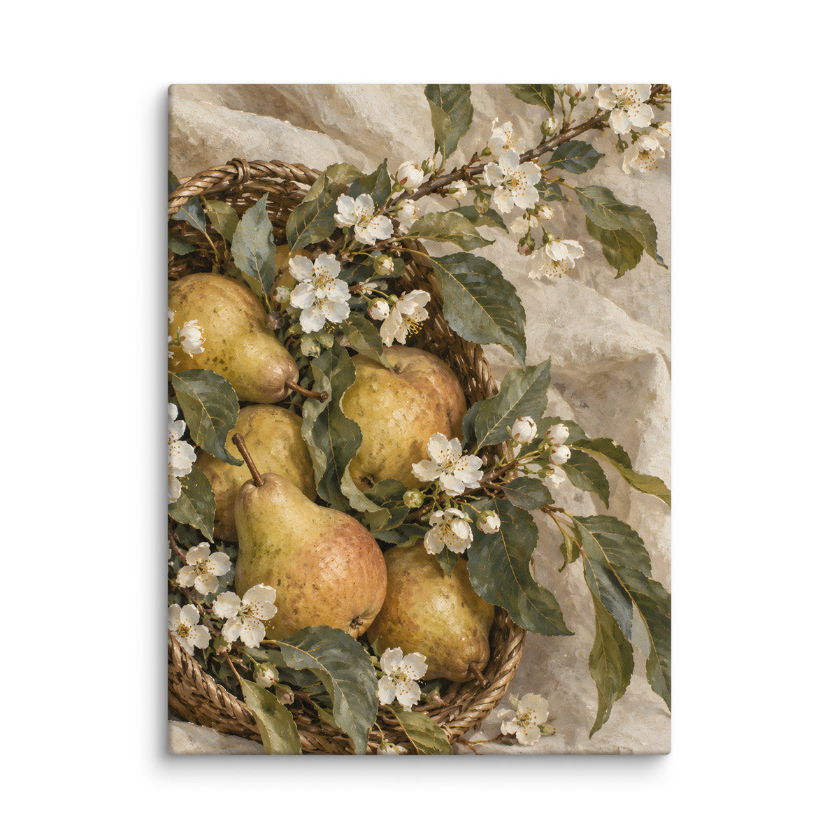 Golden Orchard canvas print, 18 × 24 inches, showing golden pears and white blossoms in a woven basket