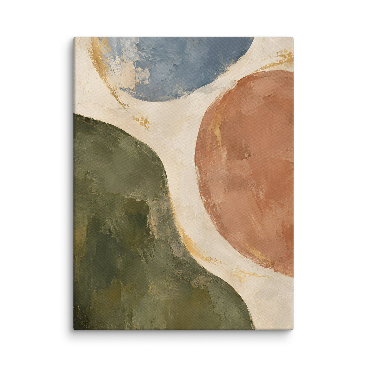 Earthen Balance canvas print, 18 × 24 inches, showing organic forms in olive, clay, blue and cream