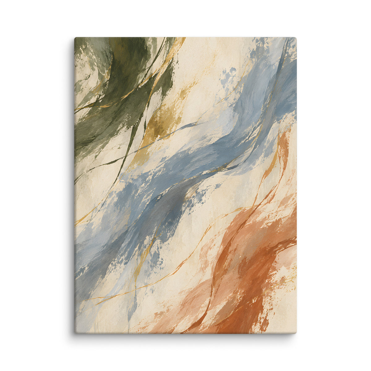 Quiet Current canvas print, 18 × 24 inches, showing flowing strokes in blue, olive, clay and ivory