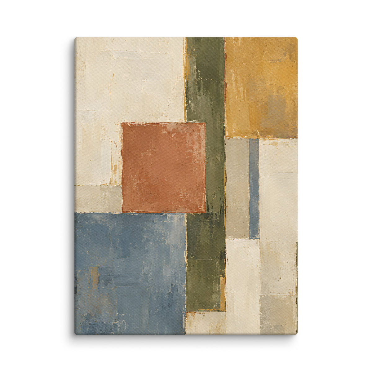 Structured Earth canvas print, 18 × 24 inches, showing geometric blocks in ochre, terracotta, olive and blue